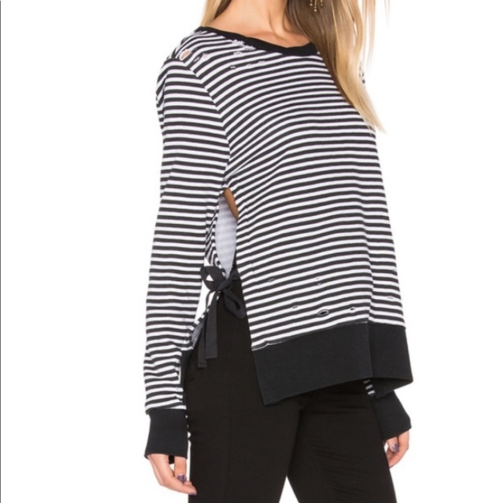 Pam & Gela Striped Distressed Side Tie Sweatshirt Black White Sz P